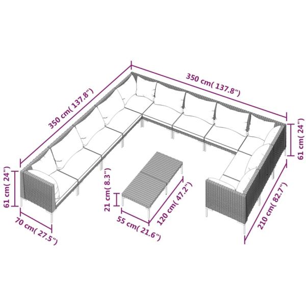 12-tlg. Garten-Lounge-Set mit Kissen Poly Rattan Dunkelgrau