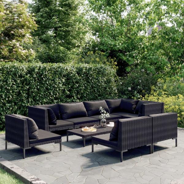 ARDEBO.de - 9-tlg. Garten-Lounge-Set mit Kissen Poly Rattan Dunkelgrau