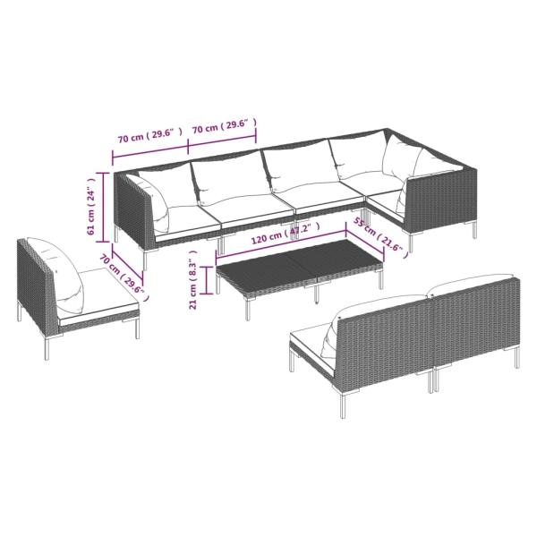 9-tlg. Garten-Lounge-Set mit Kissen Poly Rattan Dunkelgrau