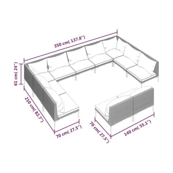 11-tlg. Garten-Lounge-Set mit Kissen Poly Rattan Dunkelgrau