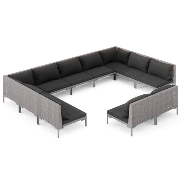 11-tlg. Garten-Lounge-Set mit Kissen Poly Rattan Dunkelgrau