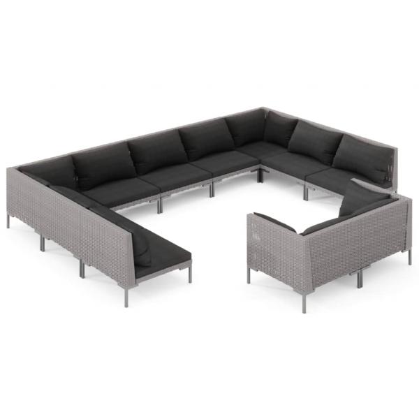 11-tlg. Garten-Lounge-Set mit Kissen Poly Rattan Dunkelgrau