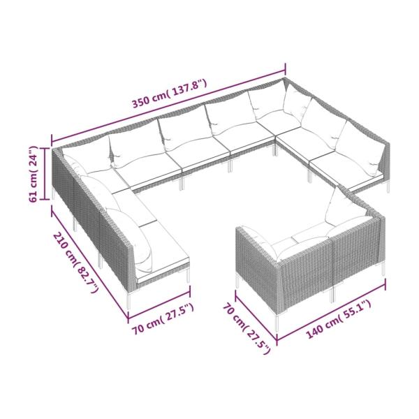 11-tlg. Garten-Lounge-Set mit Kissen Poly Rattan Dunkelgrau