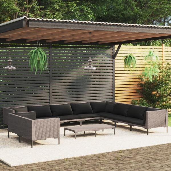 ARDEBO.de - 11-tlg. Garten-Lounge-Set mit Kissen Poly Rattan Dunkelgrau