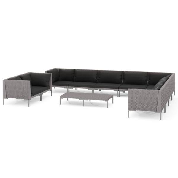 11-tlg. Garten-Lounge-Set mit Kissen Poly Rattan Dunkelgrau