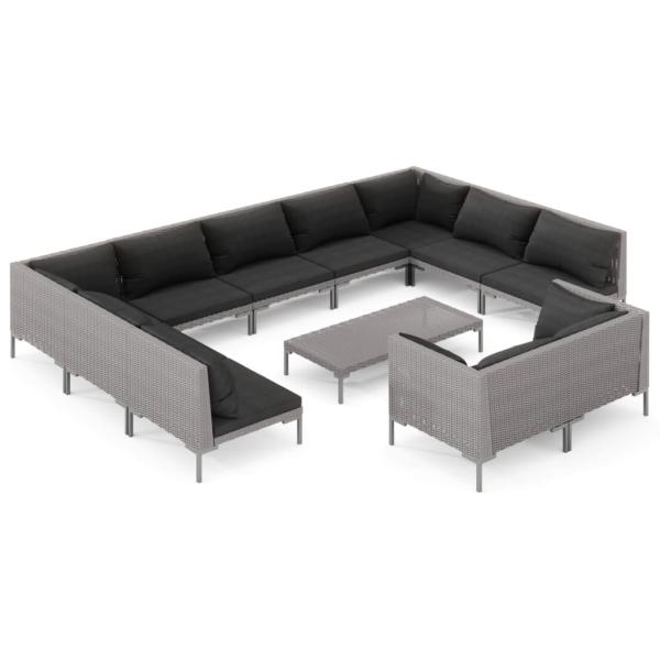 12-tlg. Garten-Lounge-Set mit Kissen Poly Rattan Dunkelgrau