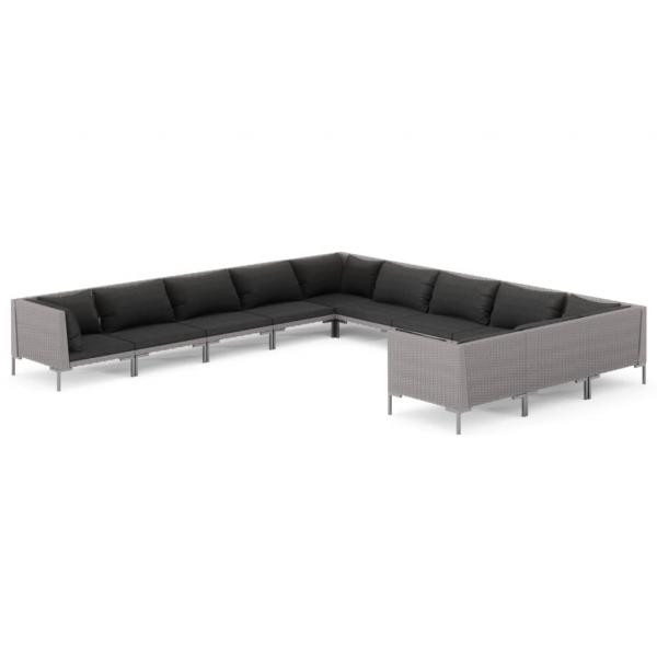11-tlg. Garten-Lounge-Set mit Kissen Poly Rattan Dunkelgrau