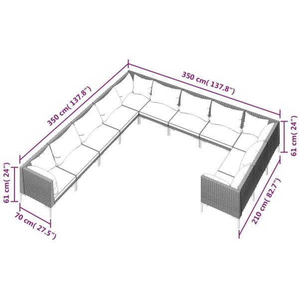 11-tlg. Garten-Lounge-Set mit Kissen Poly Rattan Dunkelgrau