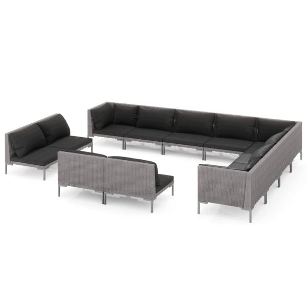 12-tlg. Garten-Lounge-Set mit Kissen Poly Rattan Dunkelgrau