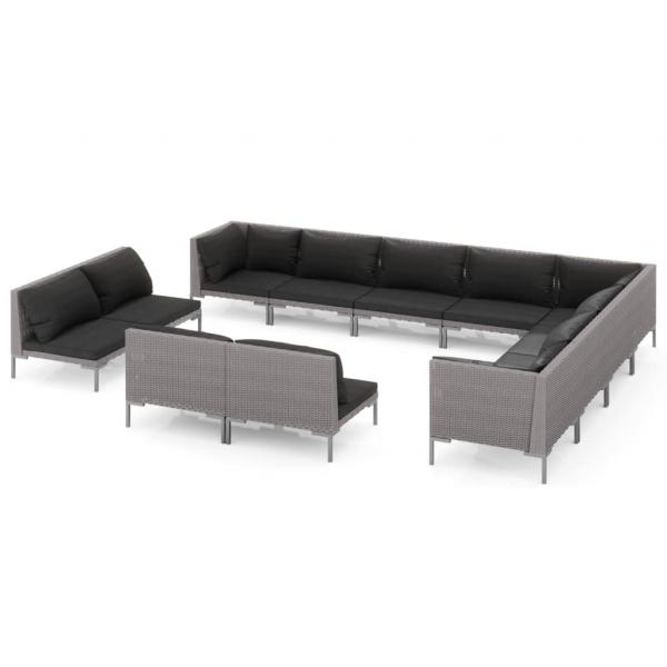 12-tlg. Garten-Lounge-Set mit Kissen Poly Rattan Dunkelgrau