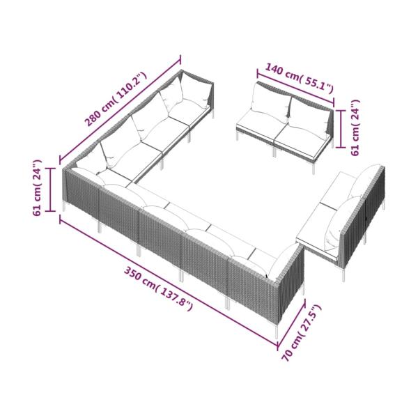 12-tlg. Garten-Lounge-Set mit Kissen Poly Rattan Dunkelgrau