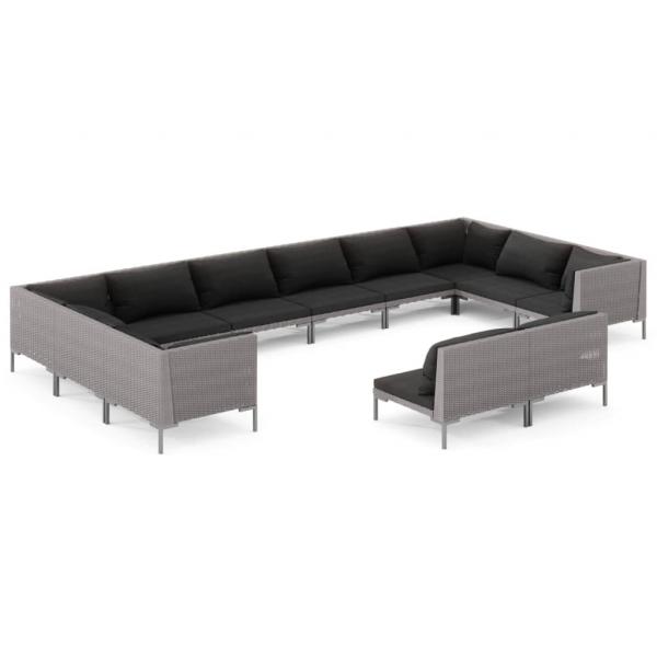 12-tlg. Garten-Lounge-Set mit Kissen Poly Rattan Dunkelgrau
