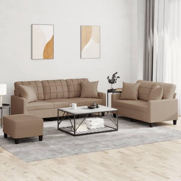 ARDEBO.de - 3-tlg. Sofagarnitur mit Kissen Cappuccino-Braun Kunstleder
