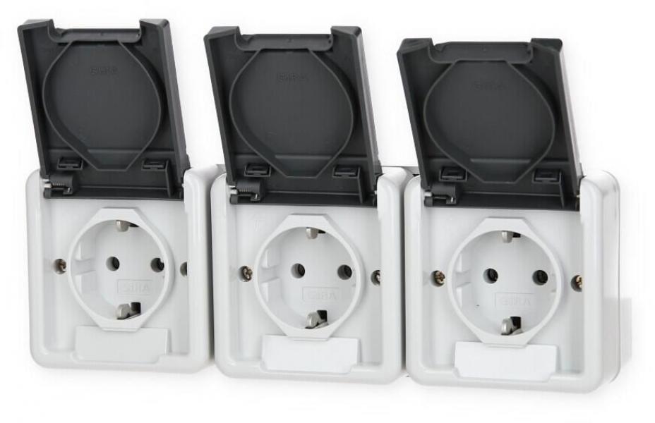 Gira 478930 SCHUKO-Dreifachsteckdose 16 A 250 V~ waagerecht mit Klappdeckel WG AP, Grau
