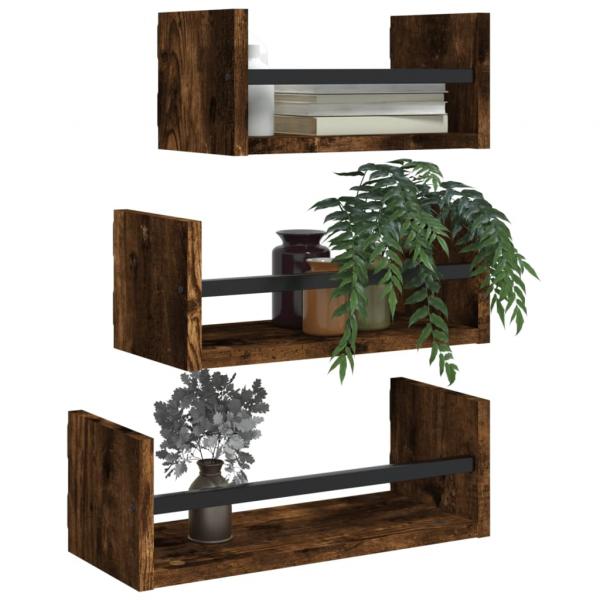 3-tlg. Wandregal-Set mit Stangen Räuchereiche Holzwerkstoff