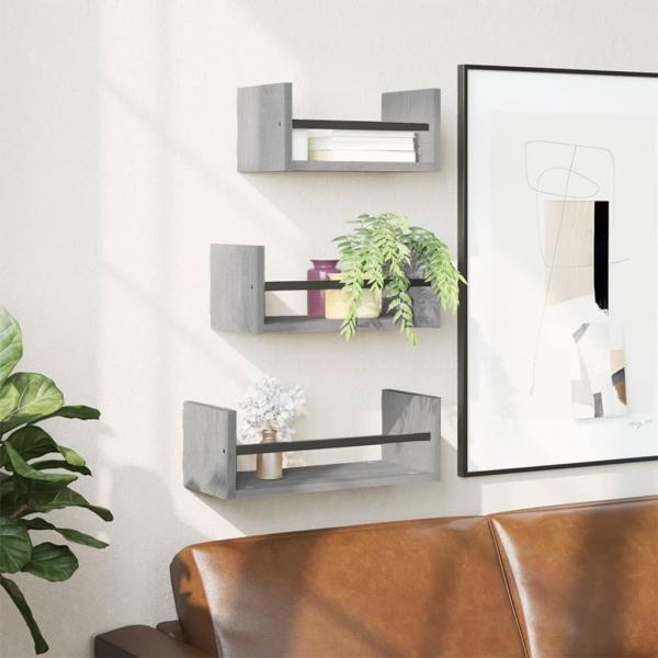 ARDEBO.de - 3-tlg. Wandregal-Set mit Stangen Grau Sonoma Holzwerkstoff