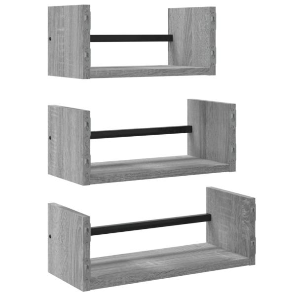 3-tlg. Wandregal-Set mit Stangen Grau Sonoma Holzwerkstoff