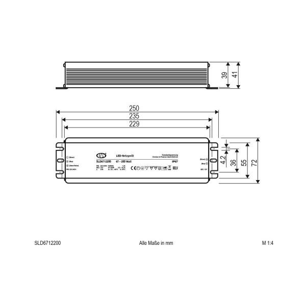 EVN SLD-Serie Netzgerät 12V/DC, 67-200W, IP67, Primär: 220-240V/AC dimmbar mit Phasenan- und Phasenabschnitt-Dimmer (SLD6712200)