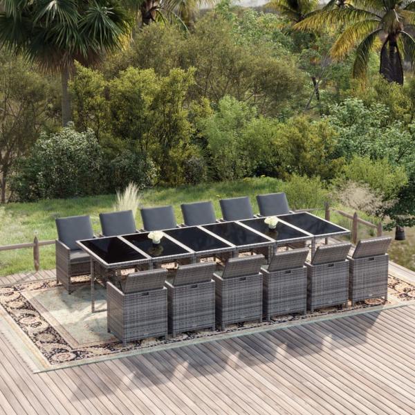 ARDEBO.de - 13-tlg. Garten-Essgruppe mit Kissen Poly Rattan Grau