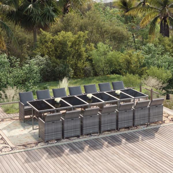 ARDEBO.de - 15-tlg. Garten-Essgruppe mit Kissen Poly Rattan Grau