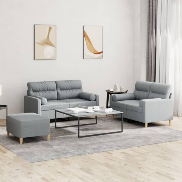 ARDEBO.de - 3-tlg. Sofagarnitur mit Kissen Hellgrau Stoff