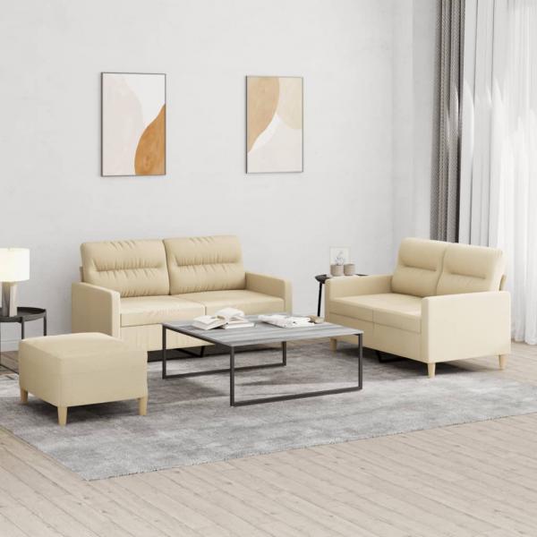 ARDEBO.de - 3-tlg. Sofagarnitur mit Kissen Creme Stoff