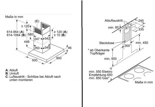 Bosch DWB97CM50 Serie 6 A+ Wandesse, 90 cm breit, Ab-/Umluft, Box-Design, Edelstahl