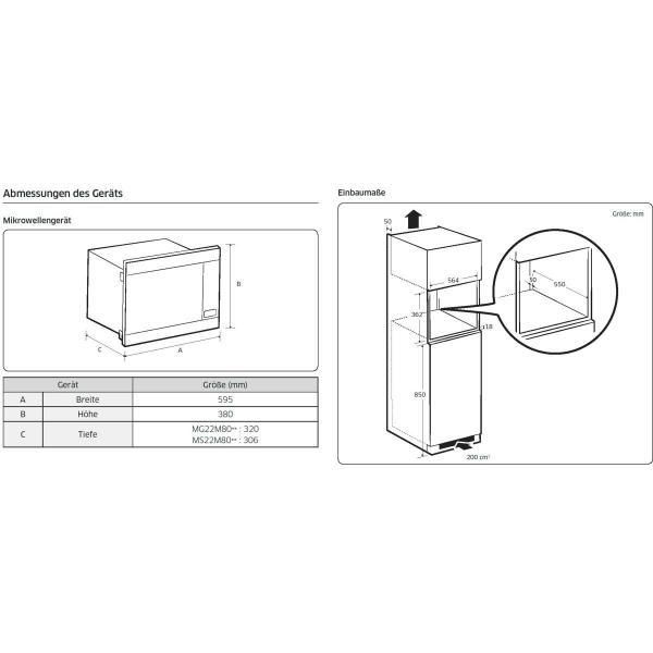 Samsung MS22M8074AT/EG Einbau-Mikrowelle, 22 L, 850 W, Nischenhöhe: 38 cm, Warmhaltefunktion, edelstahl