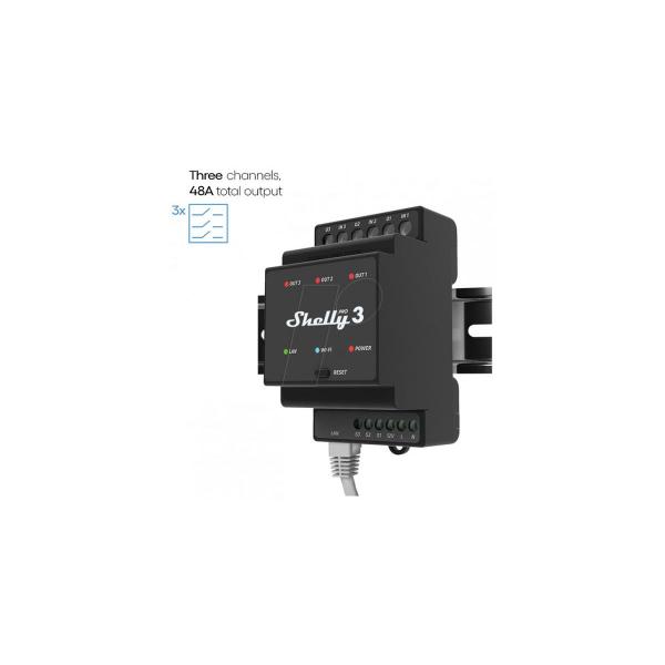 Shelly Pro 3 Relaisschalter, WLAN, Bluetooth, LAN, 3-Kanal, 3x 16A, max. 48A, Hutschiene (Shelly_Pro3)