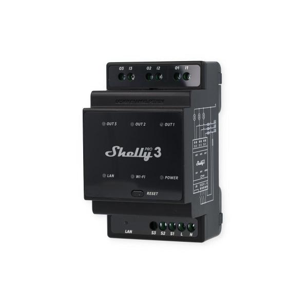 Shelly Pro 3 Relaisschalter, WLAN, Bluetooth, LAN, 3-Kanal, 3x 16A, max. 48A, Hutschiene (Shelly_Pro3)
