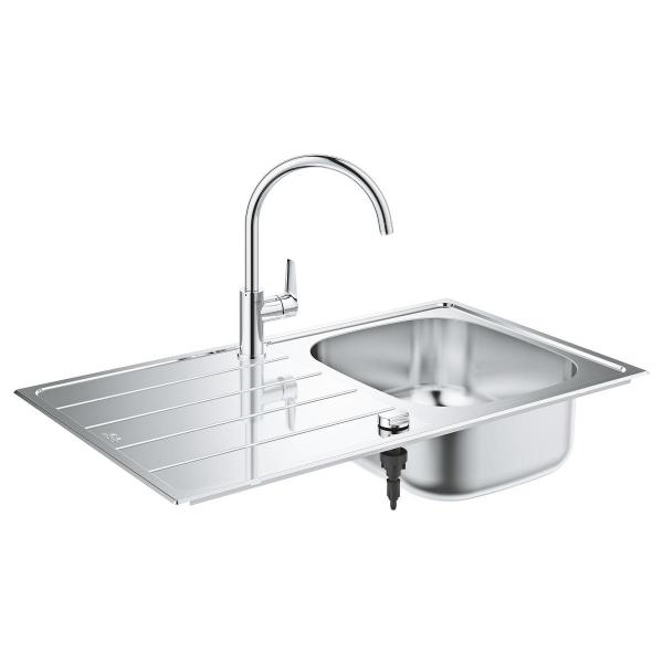 ARDEBO.de GROHE Bau Set aus Spüle und Küchenarmatur, hoher Auslauf, Einlochmontage, Edelstahl (31562SD1)