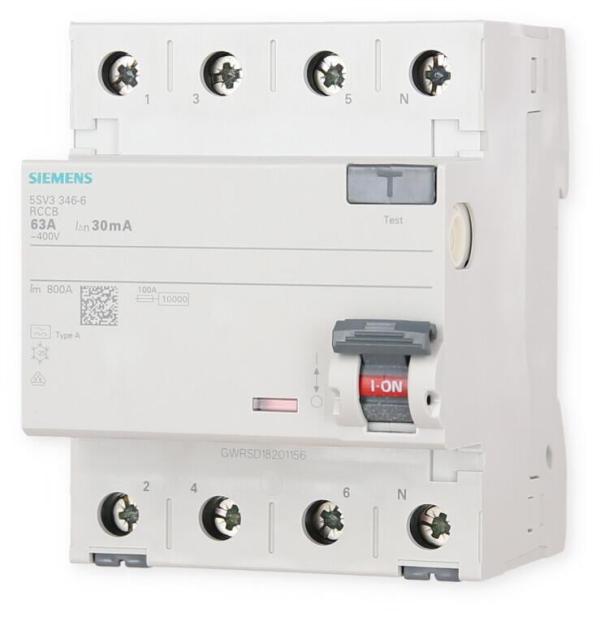Siemens 5SV3346-6 FI-Schutzschalter, 4-polig, Typ A, 63A, 30mA, 400V