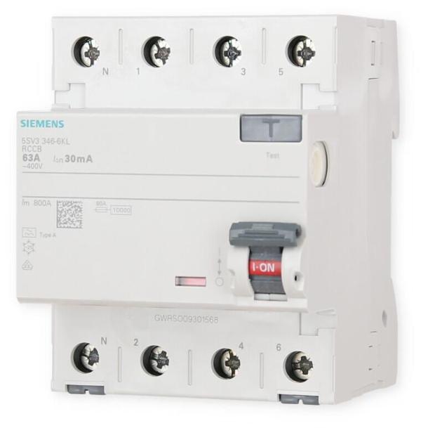 Siemens 5SV3346-6KL FI-Schutzschalter, 4-polig, Typ A, 63A, 30mA, 400 V, N-links