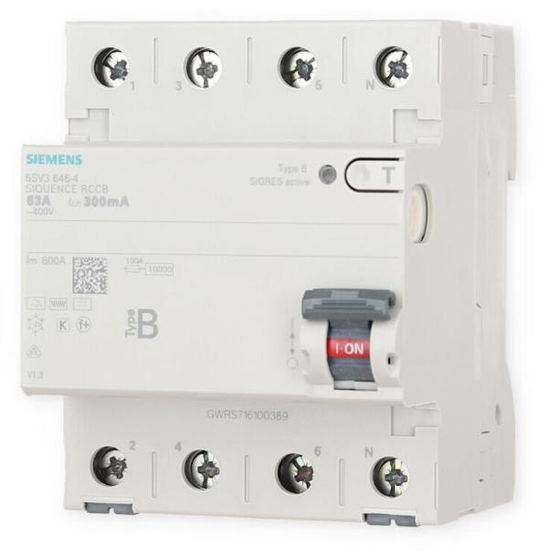 Siemens 5SV3646-4 FI-Schutzschalter, 4-polig, Typ B, kurzzeitverzögert, 63A, 300mA, 400V