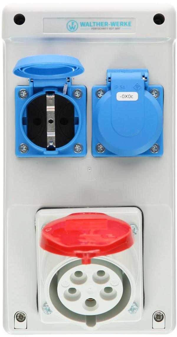 Walther Werke (6570105) Kunststoff-Steckdosenkombination In: 16A mit einem CEE-Abgang 16A, 2 Schukos und Anschluss bis 6qmm 5P