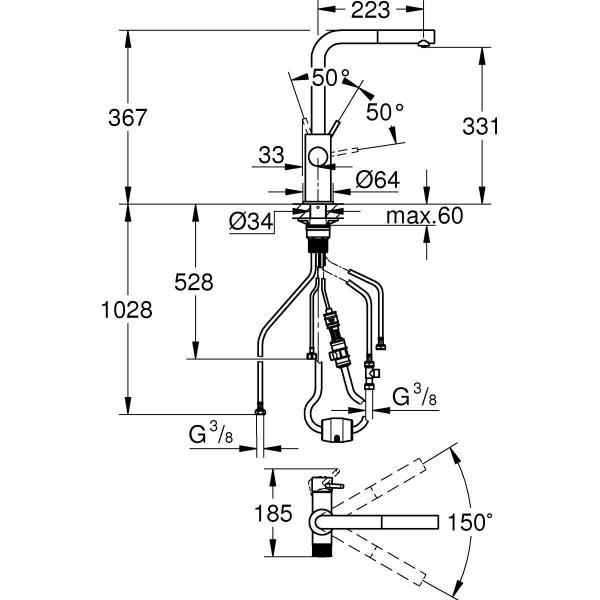 GROHE Blue Pure Minta Einhebelmischer herausziehbarem Mousseurauslauf, L-Auslauf, chrom (30601000)