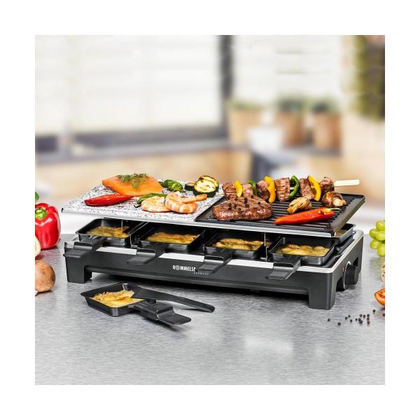 Rommelsbacher RCS 1350 Raclette, 1350W, 8 Pfännchen, 8 Wendeschaber, Antihaftbeschichtung, schwarz/Edelstahl