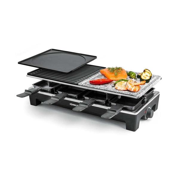 Rommelsbacher RCS 1350 Raclette, 1350W, 8 Pfännchen, 8 Wendeschaber, Antihaftbeschichtung, schwarz/Edelstahl