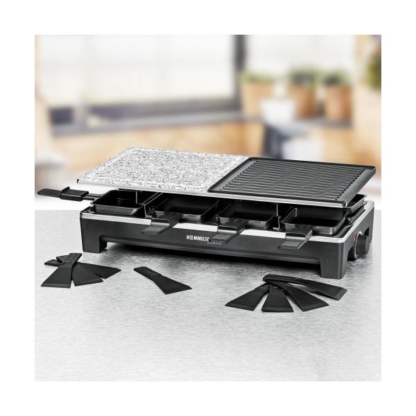Rommelsbacher RCS 1350 Raclette, 1350W, 8 Pfännchen, 8 Wendeschaber, Antihaftbeschichtung, schwarz/Edelstahl