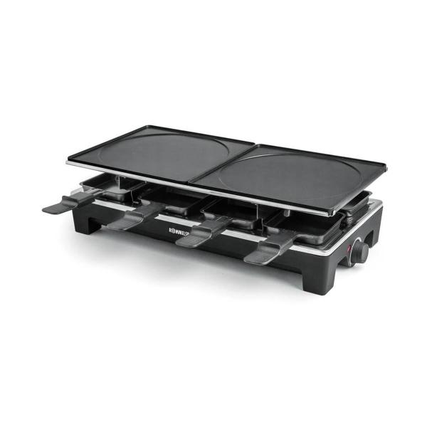 Rommelsbacher RCS 1350 Raclette, 1350W, 8 Pfännchen, 8 Wendeschaber, Antihaftbeschichtung, schwarz/Edelstahl