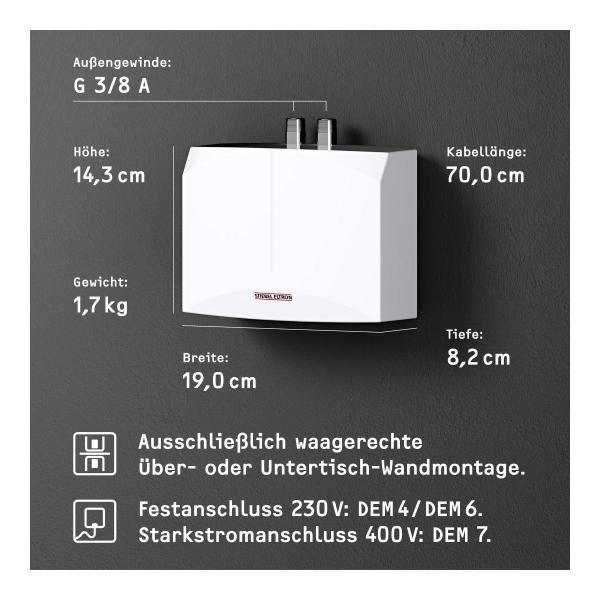 STIEBEL ELTRON DEM 4 Mini-Durchlauferhitzer fürs Handwaschbecken, elektronisch, EEK: A, 4,4 kW, Festanschluss 230v, druckfest und drucklos (231002)