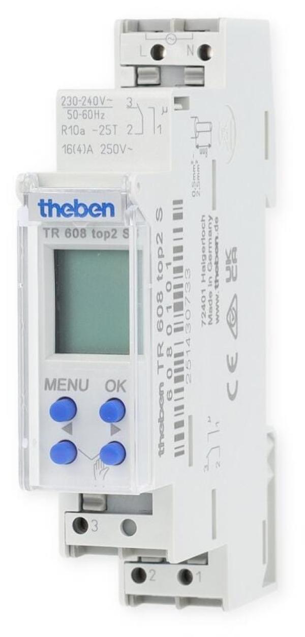 Theben TR 608 top2 S Digitale Zeitschaltuhr 1 Kanal, REG/DIN-Schiene/Hutschiene, 1TE, Wochenprogramm, 10 Jahre Gangreserve, EIN-AUS Schaltzeiten, integrierter Betriebsstundenzähler, Ferienprogramm, 60 W LED 6080101