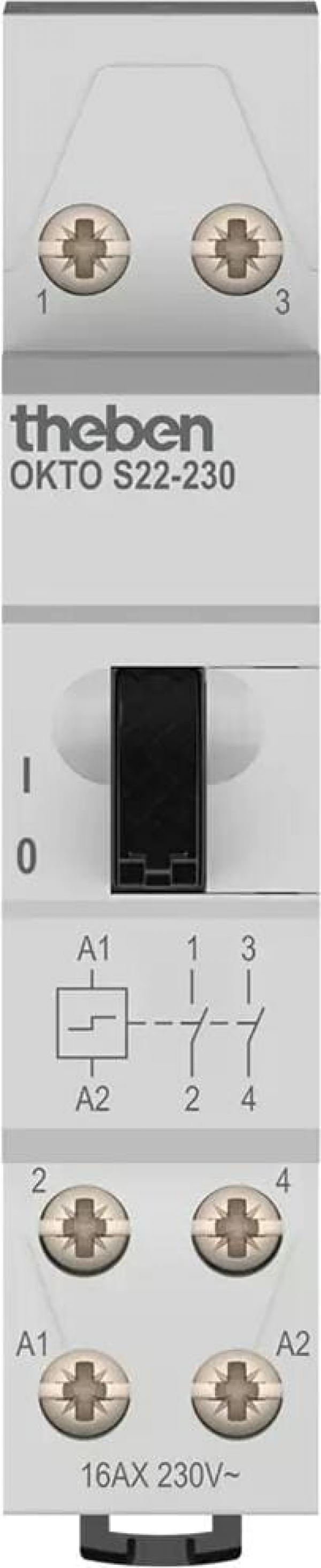 ARDEBO.de Theben OKTO S22-230 Stromstoßschalter elektromechanisch, 2 Kanäle/Schließer, allpolige Abschaltung, 200 W LED, kein Ruhestromverbrauch, SELV, 2 Drähte pro Taster, Bedienung über integrierten Handschalter möglich 3120122