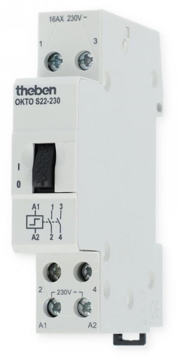 Theben OKTO S22-230 Stromstoßschalter elektromechanisch, 2 Kanäle/Schließer, allpolige Abschaltung, 200 W LED, kein Ruhestromverbrauch, SELV, 2 Drähte pro Taster, Bedienung über integrierten Handschalter möglich 3120122