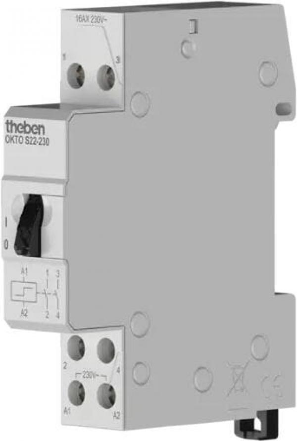 Theben OKTO S22-230 Stromstoßschalter elektromechanisch, 2 Kanäle/Schließer, allpolige Abschaltung, 200 W LED, kein Ruhestromverbrauch, SELV, 2 Drähte pro Taster, Bedienung über integrierten Handschalter möglich 3120122