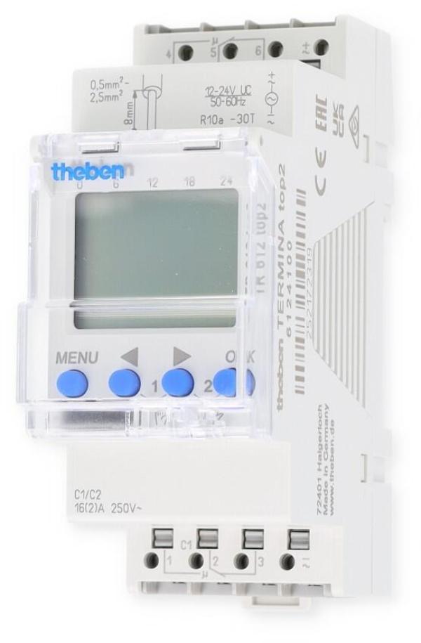 Theben TR 612 top2 24V Digitale Zeitschaltuhr 2 Kanäle, REG/DIN-Schiene/Hutschiene, 2TE, Wochenprogramm, 24 V, 10 Jahre Gangreserve, EIN-AUS Schaltzeiten, Dauerschaltung EIN/AUS, integrierter Betriebsstundenzähler, Ferienprogramm, LED 6 - 25 W, Nulldurchg
