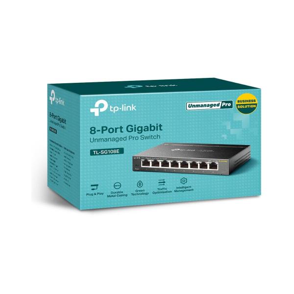 TP-Link TL-SG108E 8-Port-Gigabit-Unmanaged Pro Switch, 8 Gigabit-RJ45-Ports, schwarz