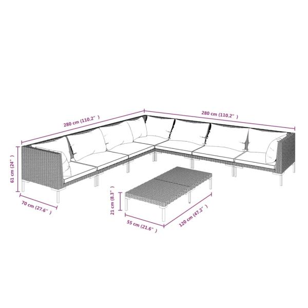 8-tlg. Garten-Lounge-Set mit Kissen Poly Rattan Dunkelgrau