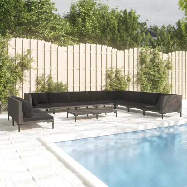 ARDEBO.de - 11-tlg. Garten-Lounge-Set mit Kissen Poly Rattan Dunkelgrau