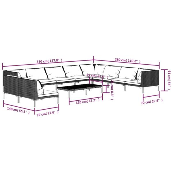11-tlg. Garten-Lounge-Set mit Kissen Poly Rattan Dunkelgrau